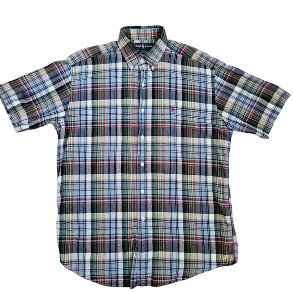 Ralph Lauren Shirt Plaid Check Short Sleeve Blue Red Men's Medium - Picture 1 of 6